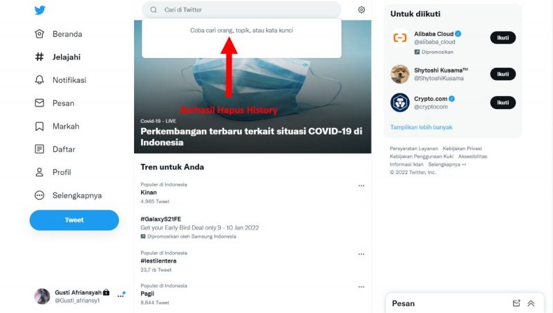 Cara Menghapus History Pencarian di Twitter (di HP dan PC) 8 Berhasil Hapus History Pencarian Twitter Desktop