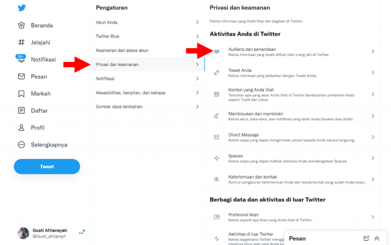 Cara Mem-private atau Mengunci Akun Twitter kamu (di HP dan PC) 9 Klik Audiens dan Penandaan