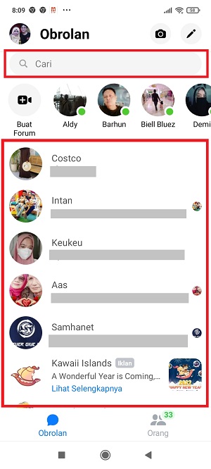 Cara mengirim pesan dengan efek (Kado/Pesan berapi/dll) di Messenger 1 Cari dan tap nama teman yang ingin kamu kirimi pesan.